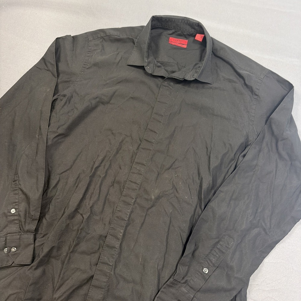 Alfani Stretch Solid Black Cotton Dress Shirt Xl 35/37Spread Collar Barrel Cuff‎